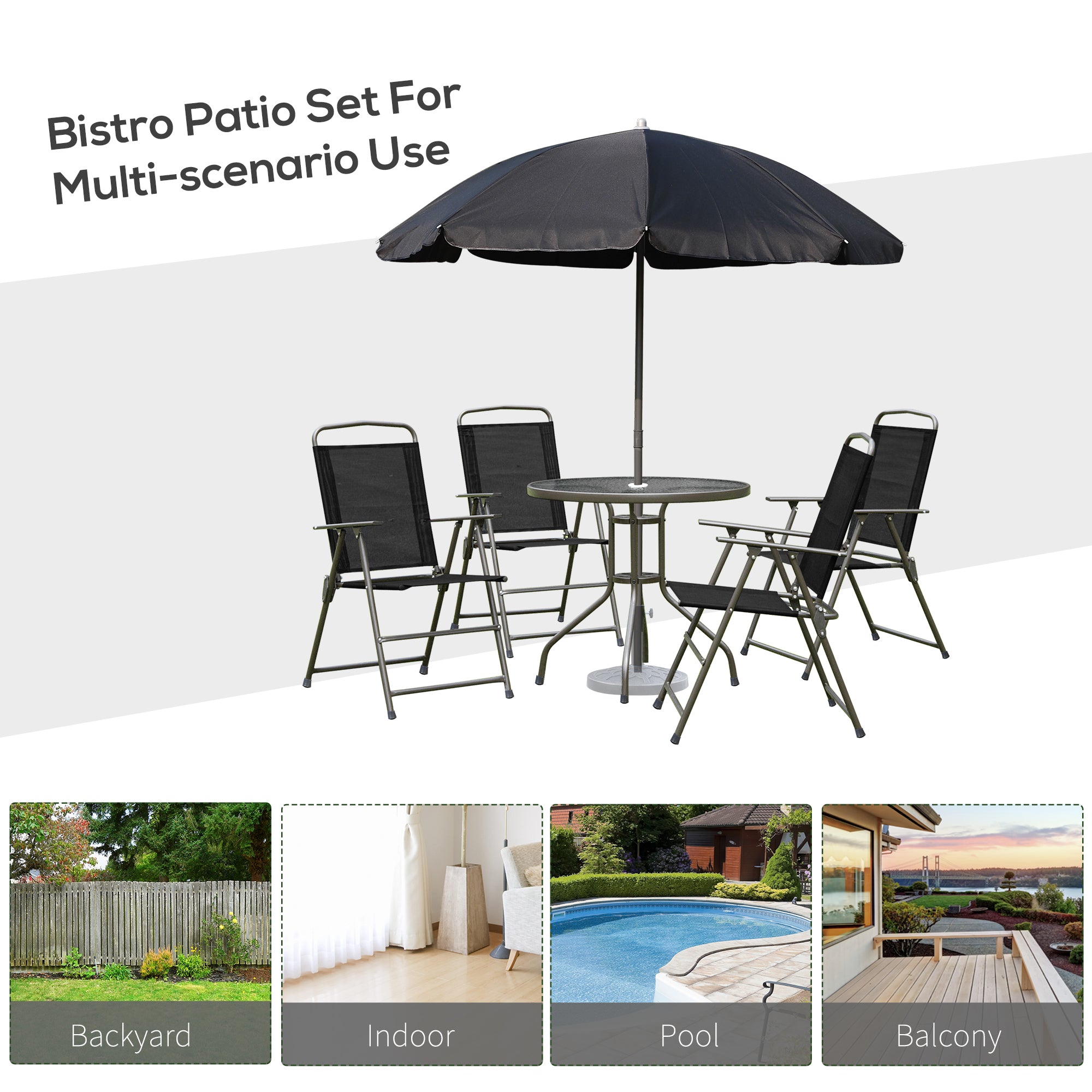 Outsunny 6 Piece Garden Dining Set with Umbrella, Patio Sets with Parasol with 4 Folding Dining Chairs & Round Tempered Glass Table, Black 