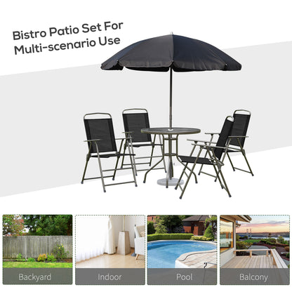 Outsunny 6 Piece Garden Dining Set with Umbrella, Patio Sets with Parasol with 4 Folding Dining Chairs & Round Tempered Glass Table, Black 