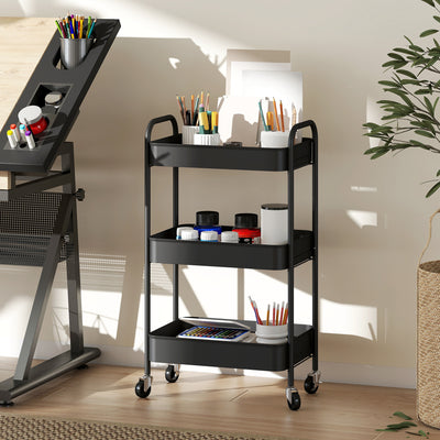HOMCOM Three-Tier Steel Storage Trolley - Black 