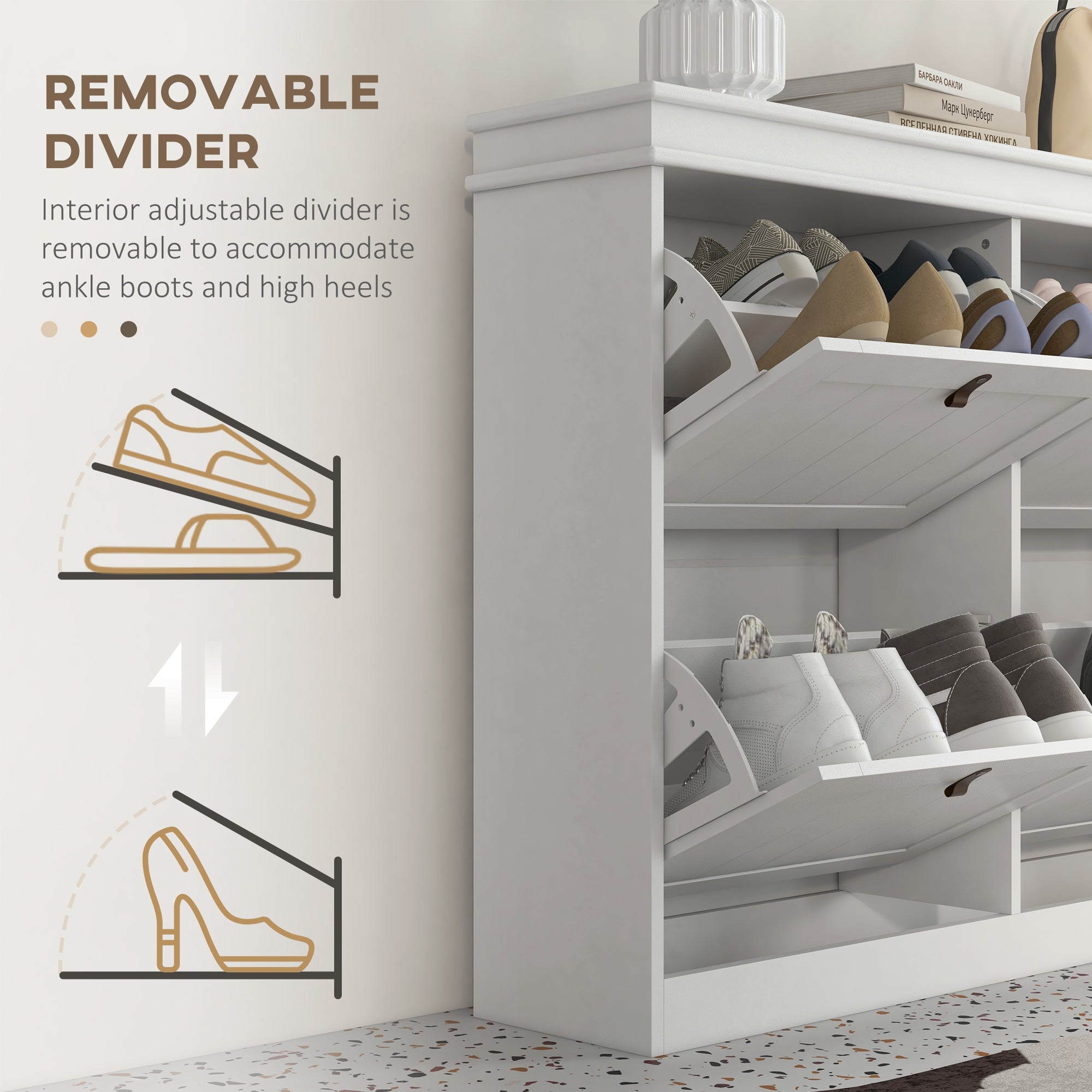 HOMCOM Slim Shoe Cabinet, Shoe Cabinet with 4 Drop-Down Drawers, 105W x 24D x 82.5H cm,  White 