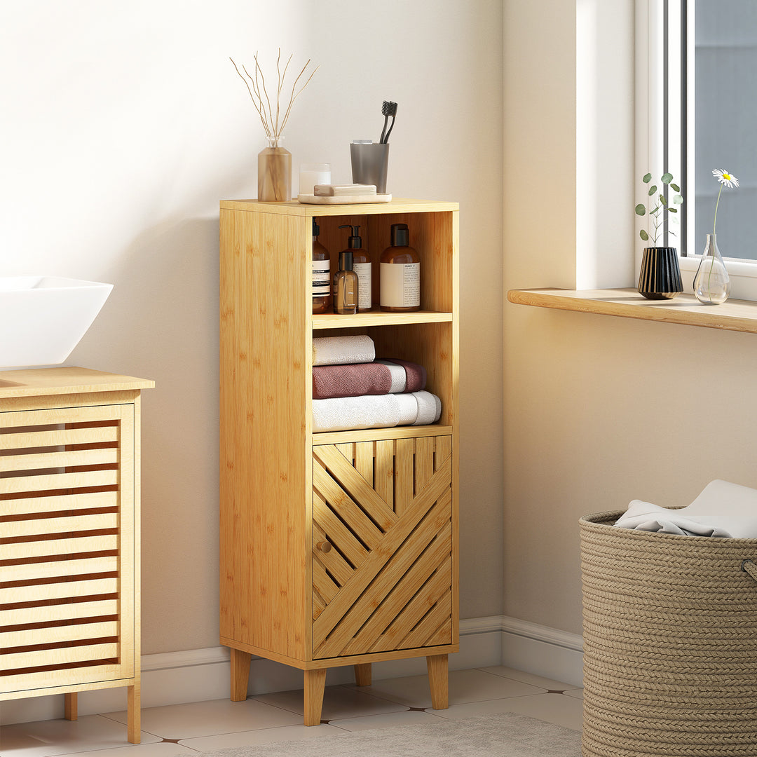 HOMCOM Slim Bathroom Cabinet with Bamboo Door and Legs, Narrow Bathroom Storage Cabinet, Freestanding Storage Cupboard with Open Compartments, 32 x 30 x 90 cm, Natural Wood Finish 