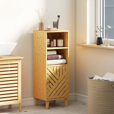 HOMCOM Slim Bathroom Cabinet with Bamboo Door and Legs, Narrow Bathroom Storage Cabinet, Freestanding Storage Cupboard with Open Compartments, 32 x 30 x 90 cm, Natural Wood Finish 