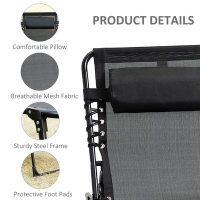 Outsunny Portable Sun Lounger, Folding Camping Bed Cot, Reclining Lounge Chair 5-position Adjustable Backrest with Side Pocket, Pillow for Patio Garden Beach Pool, Black 