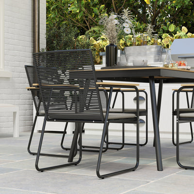 Outsunny 6 Seater Garden Dining Set with Soft Cushions, Rattan Backrest, Rectangular Plastic Top, Garden Furniture Set, Outdoor Dining Table and Chairs for Patio, Balcony, Poolside, Nature Wood Finish 