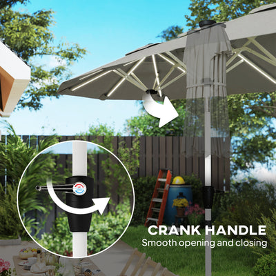 Outsunny 3 m Double-Sided Garden Parasol with LED Solar Lights, Outdoor Extra Large Sun Umbrella with Crank Handle, Grey 