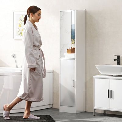 kleankin Tall Bathroom Cabinet with Mirror and Adjustable Shelf - High Gloss White 