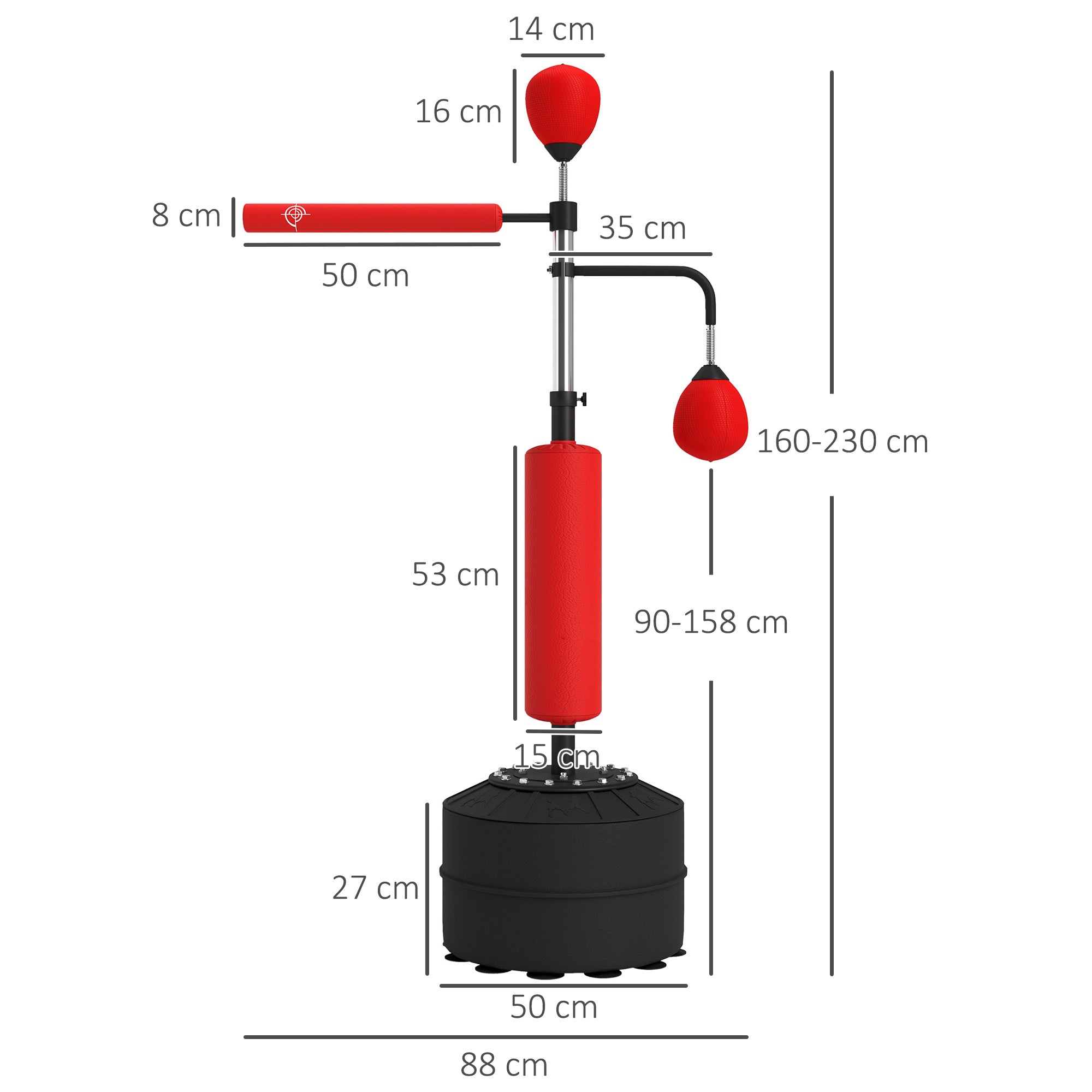 HOMCOM 3-in-1 Boxing Punching Bag, Freestanding with 2 Speed Bals, 360\'c2\'b0 Reflex Bar, 160-230cm Adjustable Height, Red
