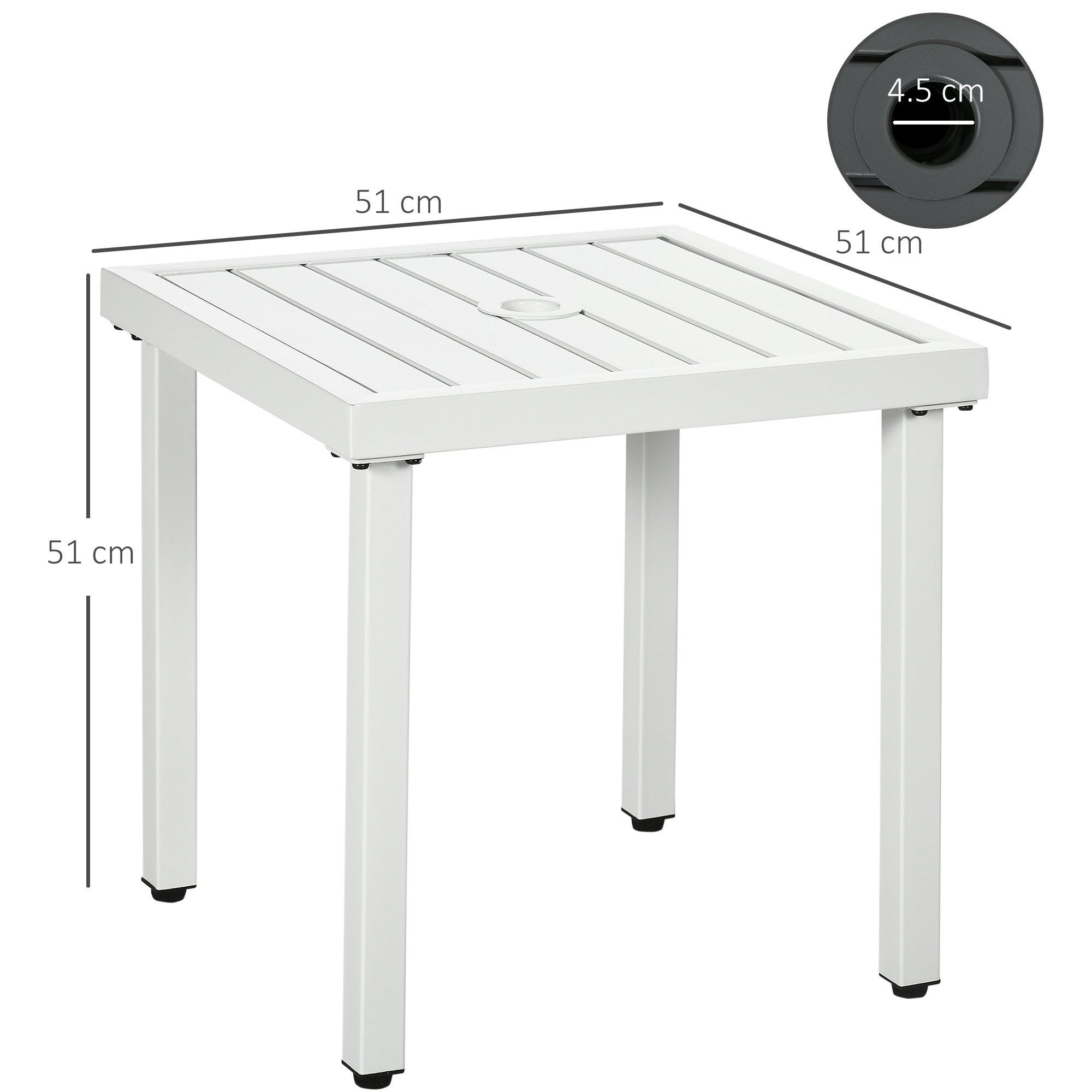 Outsunny Garden Side Table End Table Patio Coffee Table with Umbrella Hole, Steel Frame for Balcony, White 