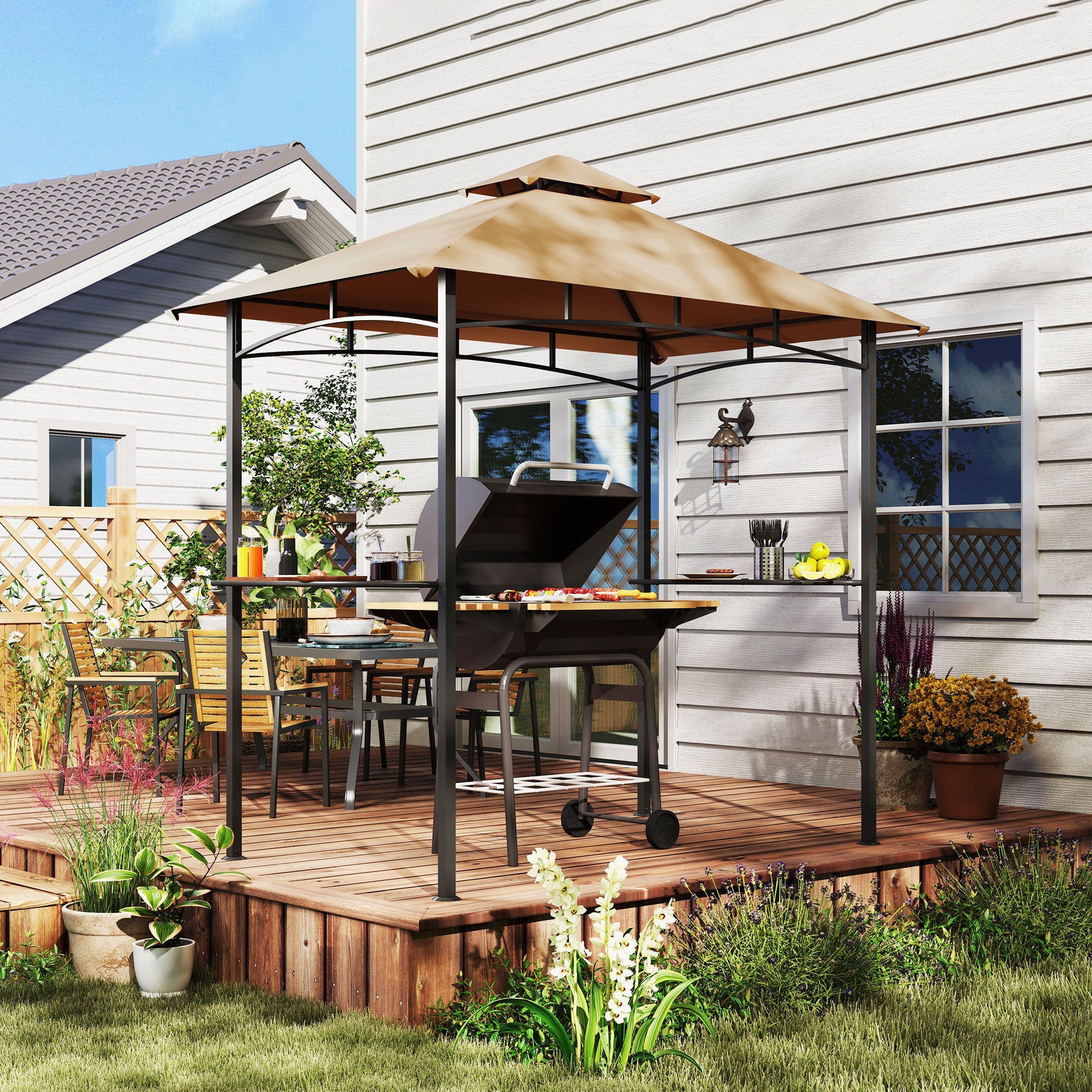Outsunny 2.5M (8ft) New Double-Tier BBQ Gazebo Shelter Grill Canopy Barbecue Tent Shelter Patio Deck Cover - Khaki 