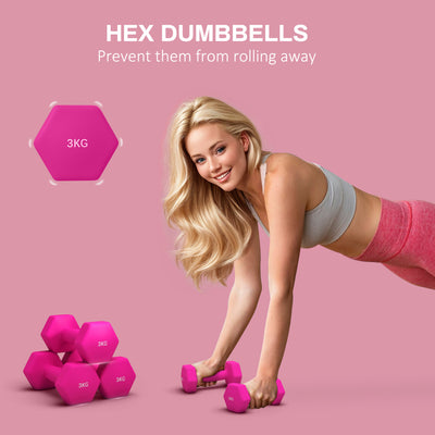SPORTNOW Set of 6 Hex Dumbbells, Neoprene Weights Pair with Non-Slip Grip, Home Gym Fitness Training Equipment, 2 x 3kg, 2 x 4kg, 2 x 5kg, Pink, Purple, Green 