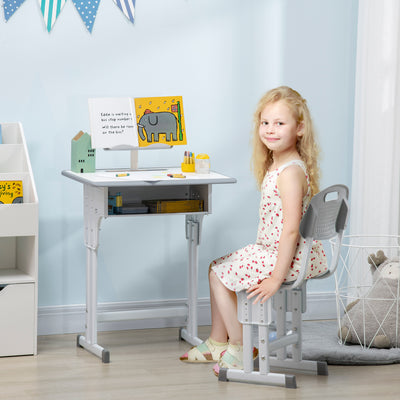 HOMCOM Kids Adjustable Desk and Chair Set, Book Stand, Pen Slot - Grey 