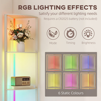 HOMCOM RGB LED Floor Lamp with Shelves, 5-Tier Dimmable Standing Lamp with Adjustable Brightness and Remote Control, Modern Corner Display Shelf Unit for Living Room Bedroom Office, Oak 