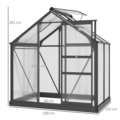 Outsunny 6 x 4ft Polycarbonate Greenhouse, Large Walk-In Green House with Slide Door and Window, Garden Plants Grow House with Aluminium Frame and Foundation, Grey 