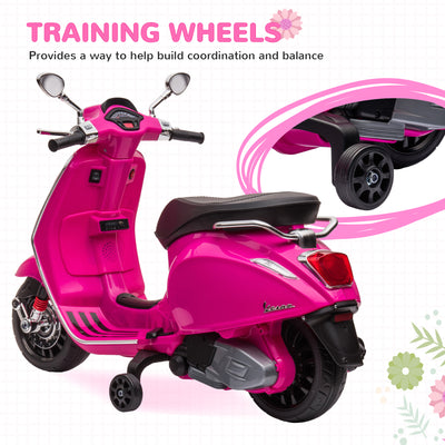 AIYAPLAY 12V Vespa Licensed Kids Electric Motorbike w/ Music, Headlights, FM Radio, for 3-6 Years - Pink 