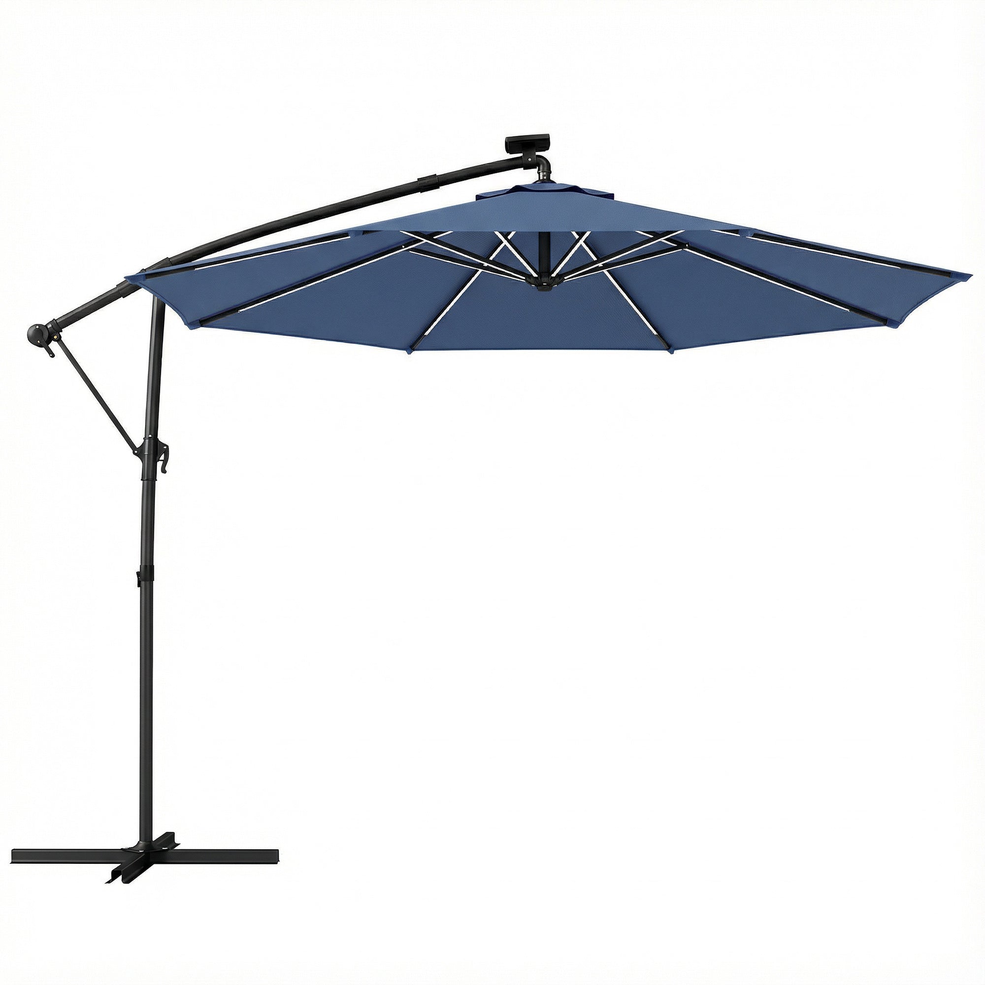 Outsunny 3 m Garden Cantilever Parasol with LED Solar Light, Round Overhanging Umbrella with 360° Rotation, Cover, Navy Blue 
