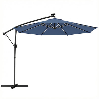 Outsunny 3 m Garden Cantilever Parasol with LED Solar Light, Round Overhanging Umbrella with 360° Rotation, Cover, Navy Blue 