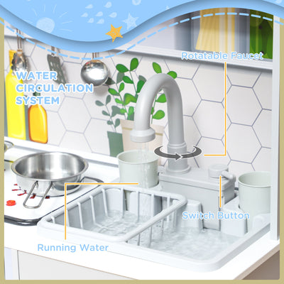AIYAPLAY Pretend Play Toy Kitchen, Kids Kitchen Playset w/ Sounds, Lights, Running Water, Coffee Maker, Refrigerator 
