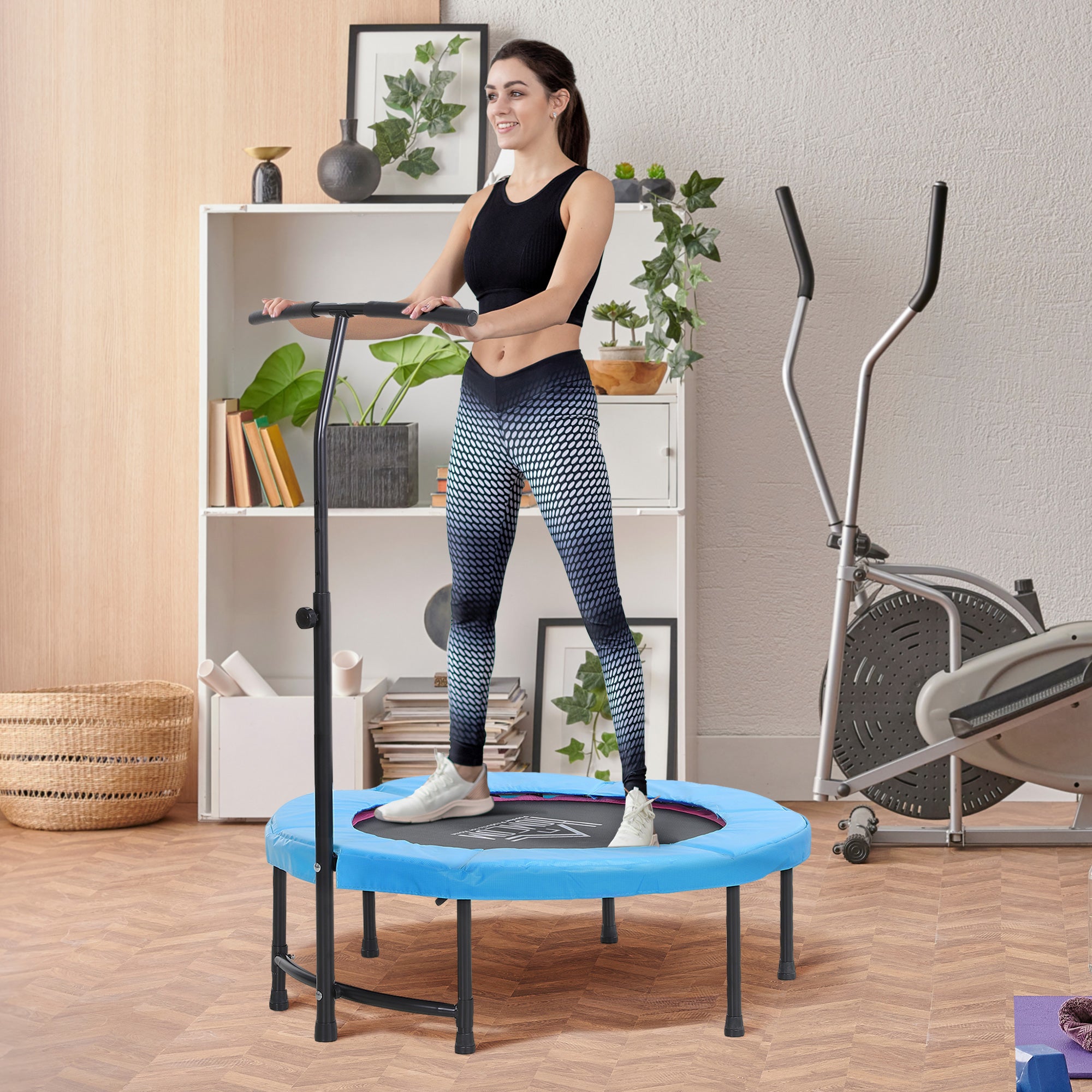 HOMCOM 40'' Fitness Trampoline with Adjustable Handle, Rebounder Trampoline Mini Jumper for Indoor Exercise Workout, Support Up to 100kg, Blue 