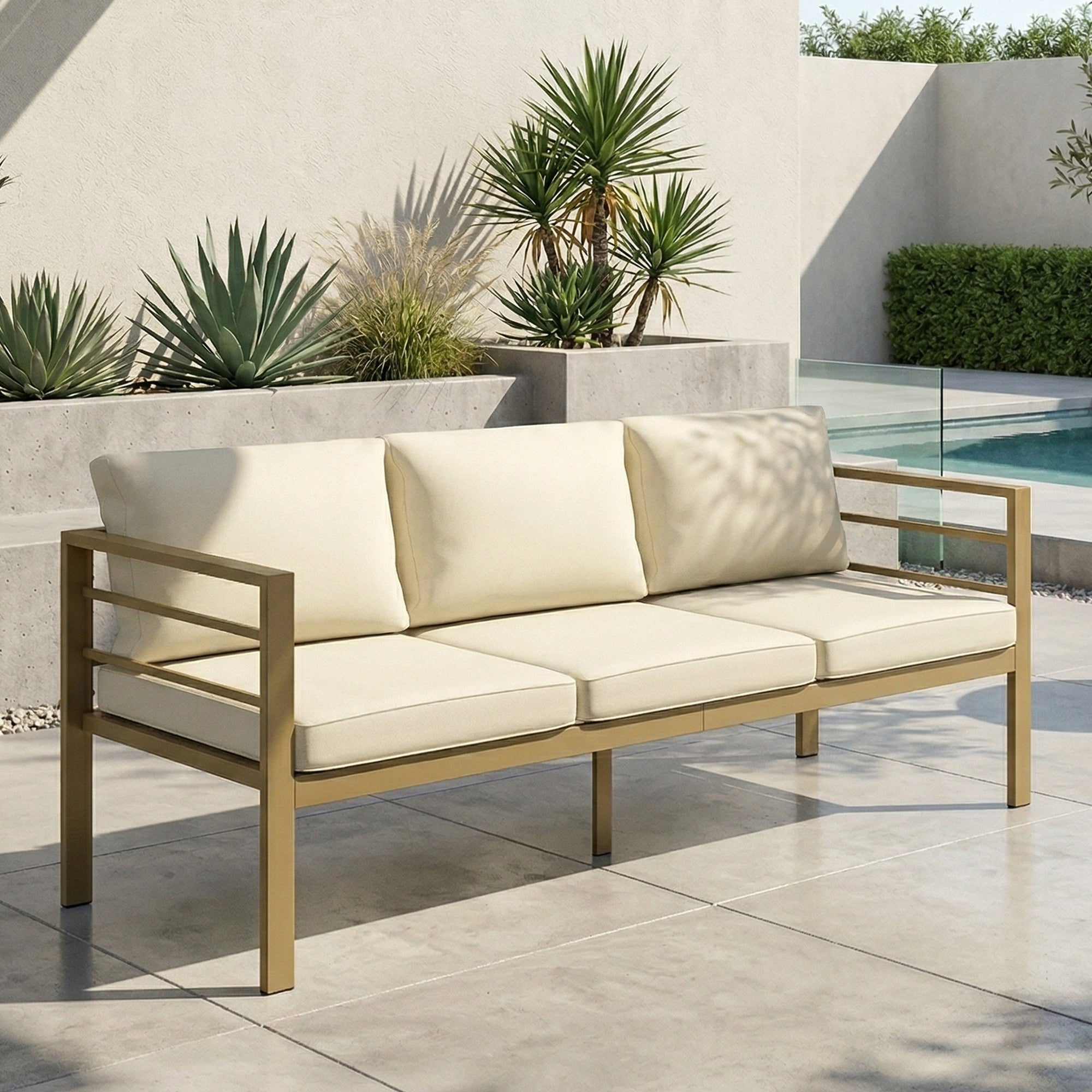 Outsunny Garden Bench with Cushions, 3-Seater Sofa with Backrest, Armrest and Back Cushions, 185 x 66 x 64cm, Cream White 