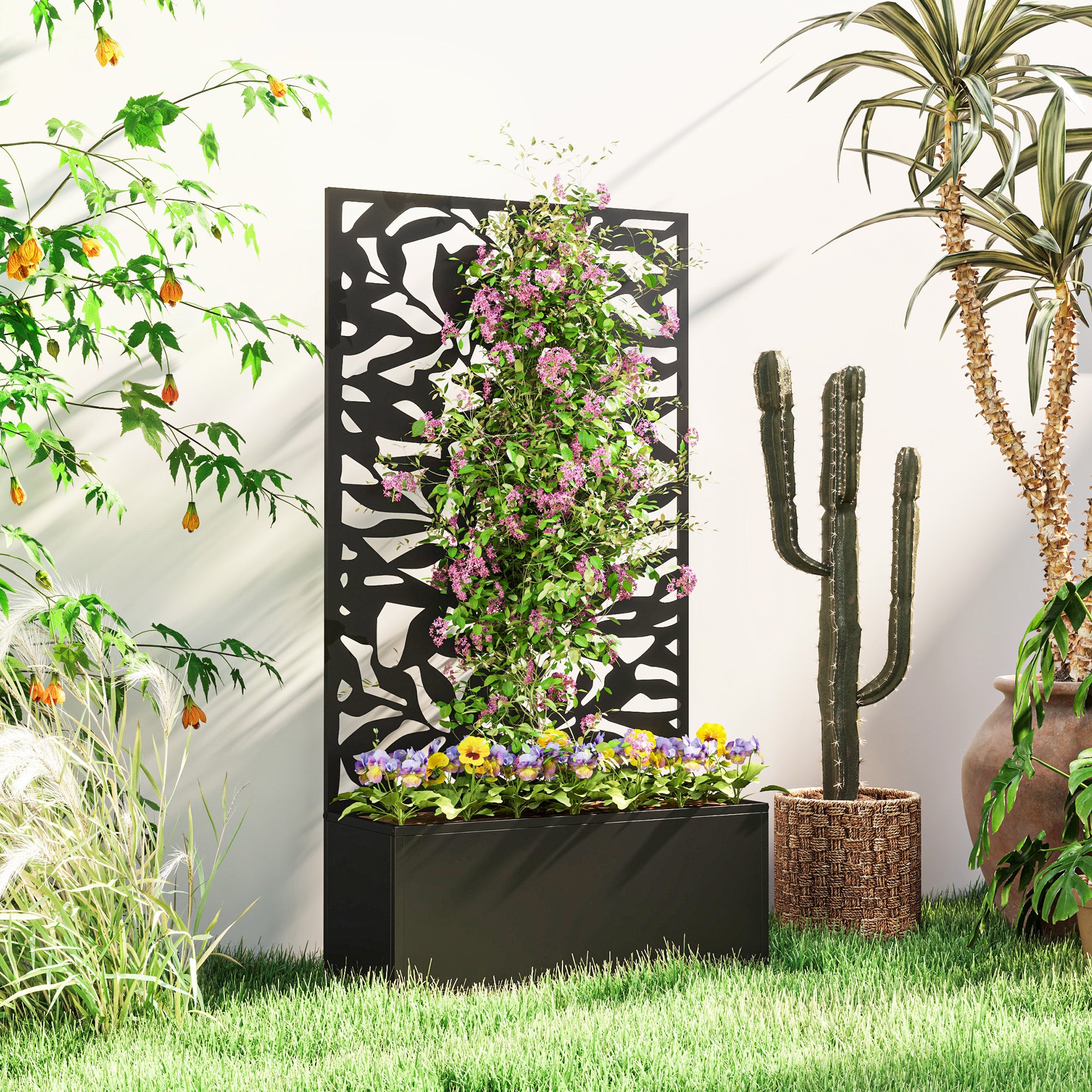 Outsunny Metal Garden Bed with Trellis, Wall Mounted or Freestanding Raised Planter with Privacy Panel, Black 
