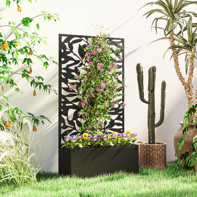 Outsunny Metal Garden Bed with Trellis, Wall Mounted or Freestanding Raised Planter with Privacy Panel, Black 