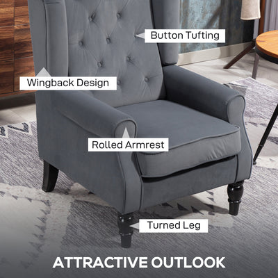 HOMCOM Wingback Accent Chair, Retro Upholstered Button Tufted Occasional Chair for Living Room and Bedroom, Grey 