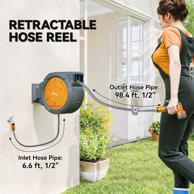 Outsunny Retractable Hose Reel Wall Mounted, 30+2m Garden Hose Pipe Reel with Lock, Auto Rewind, 7 in 1 Spray Nozzle, Includes Wall Fixings, 180° Swivel, Outdoor Watering, Orange 