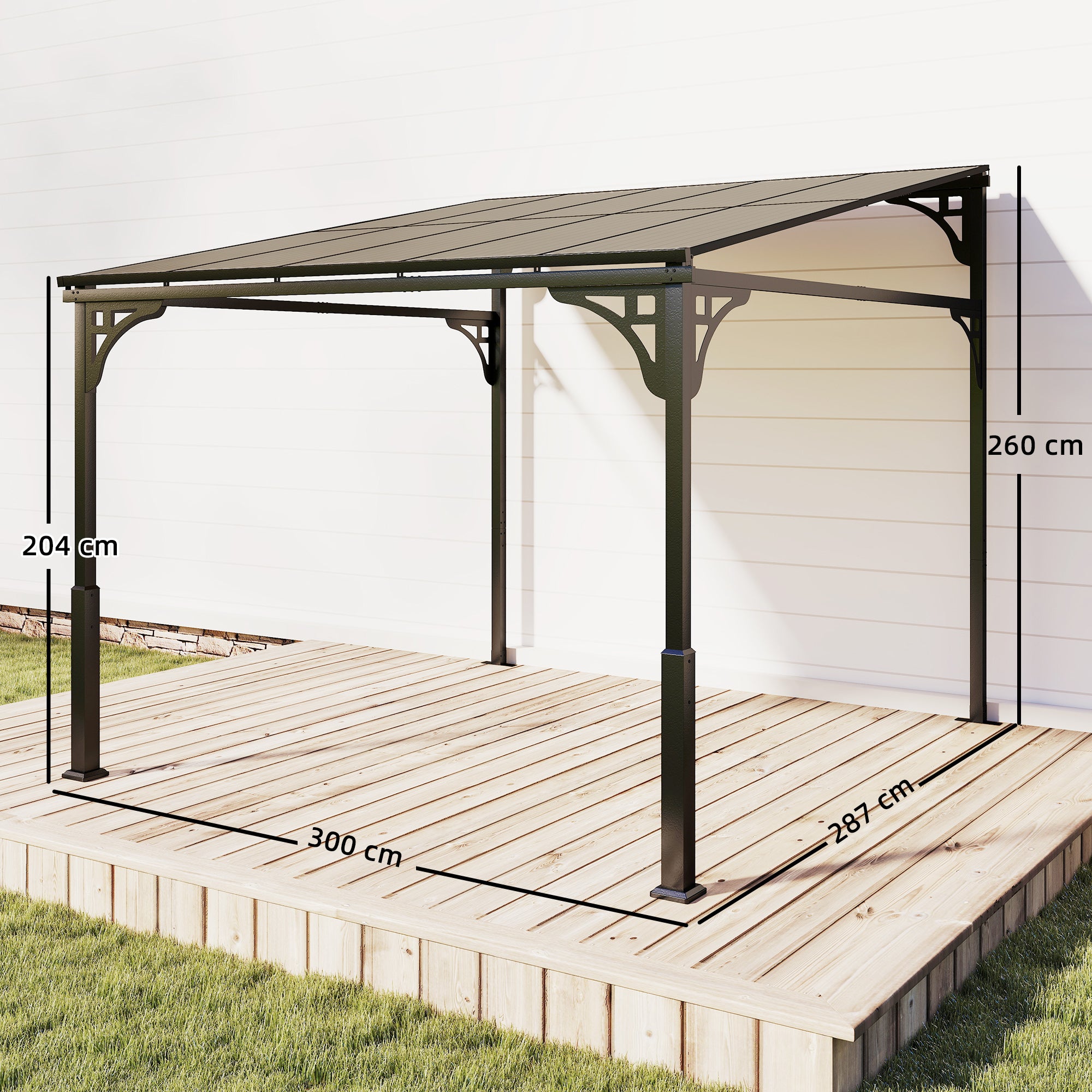 Outsunny 3 x 2.87 m Metal Lean-to Pergola, Wall-Mounted Hardtop Garden Pergola with Polycarbonate Roof and Metal-Aluminium Frame 