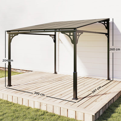 Outsunny 3 x 2.87 m Metal Lean-to Pergola, Wall-Mounted Hardtop Garden Pergola with Polycarbonate Roof and Metal-Aluminium Frame 