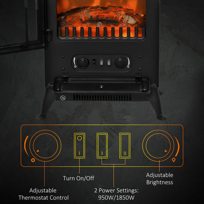 HOMCOM Freestanding Electric Fireplace Indoor Heater Glass View Log Wood Burning Effect Flame Portable Fireplace Stove 950/1850W Black 