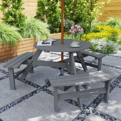Outsunny 6 Seater Wooden Picnic Table and Garden Benches Set, Round Garden Dining Set with 3 Benches and Umbrella Hole Outdoor Garden Park, Grey 