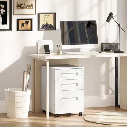 Vinsetto Metal Mobile File Cabinet with Wheels, Lockable 3 Drawer Filing Cabinet for A4, Legal, Letter, Under Desk Storage Unit with Pre-Assembled Body for Home Office, 39 x 48 x 60cm, White 