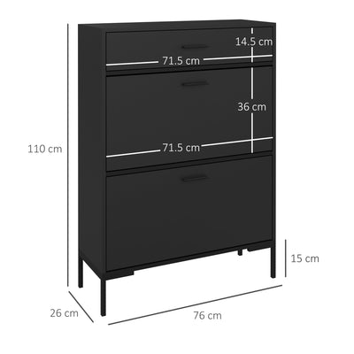 HOMCOM Three Drawer Slim Shoe Storage Cabinet, 12 Shoe Pairs - Black 