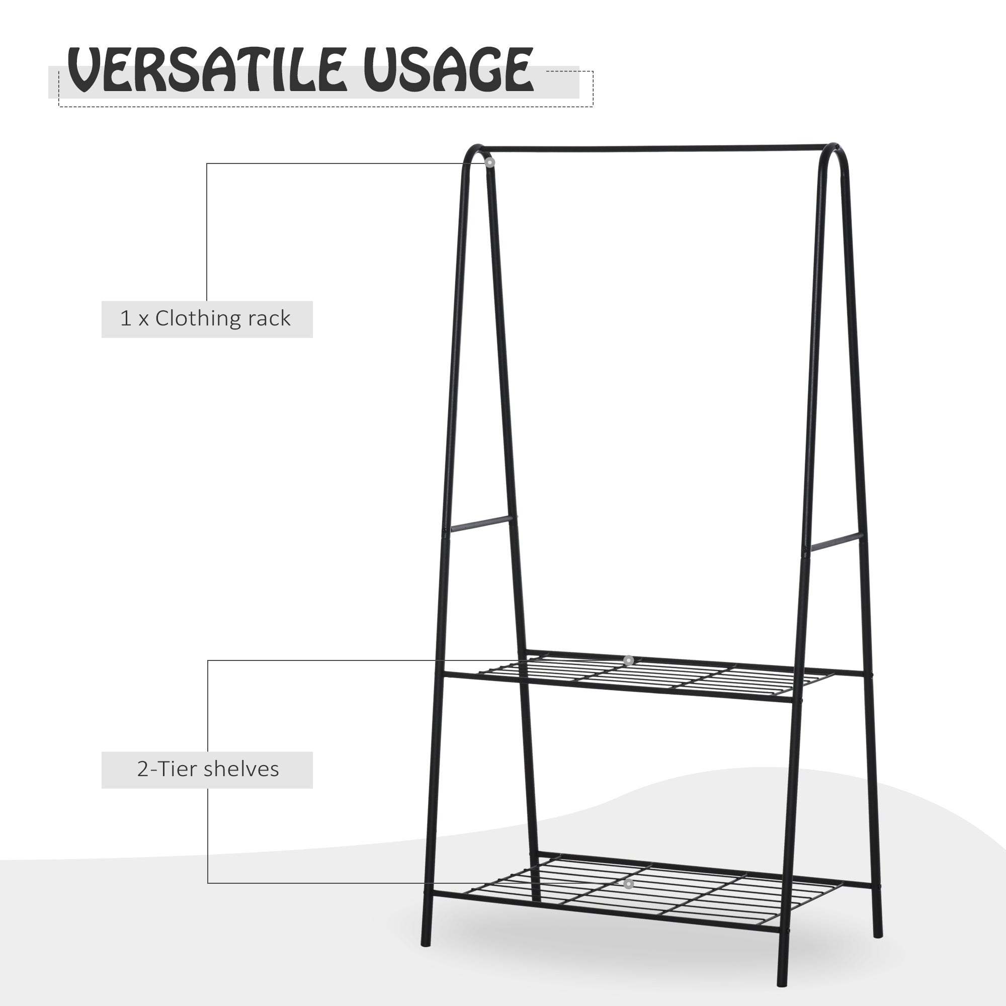 HOMCOM Metal Clothes Rack Coat Garment Hanger Hallway Organiser Hanging Rail Stand 2-tier Shoe Shelving A Shaped 77L x 45W x 153H cm Black 