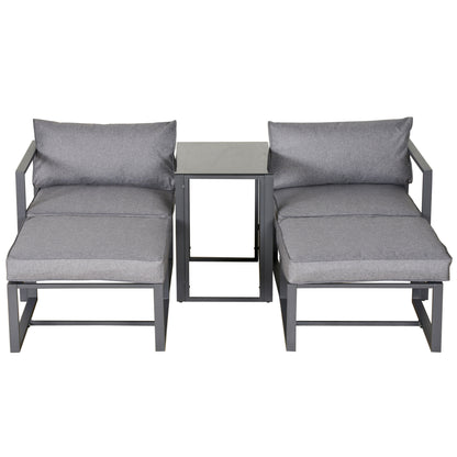 Outsunny 5 Piece Garden Aluminium Conversation Sofa Set Patio Furniture Set Outdoor 2 Sofas 2 Footstools End Table with Cushions 