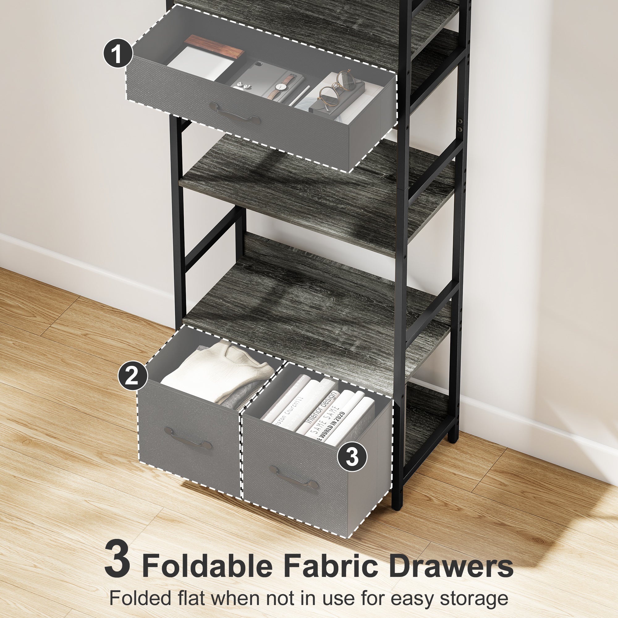 HOMCOM Industrial Style Bookcase, with 4 Shelves and 3 Fabric Drawers - Grey/Black 