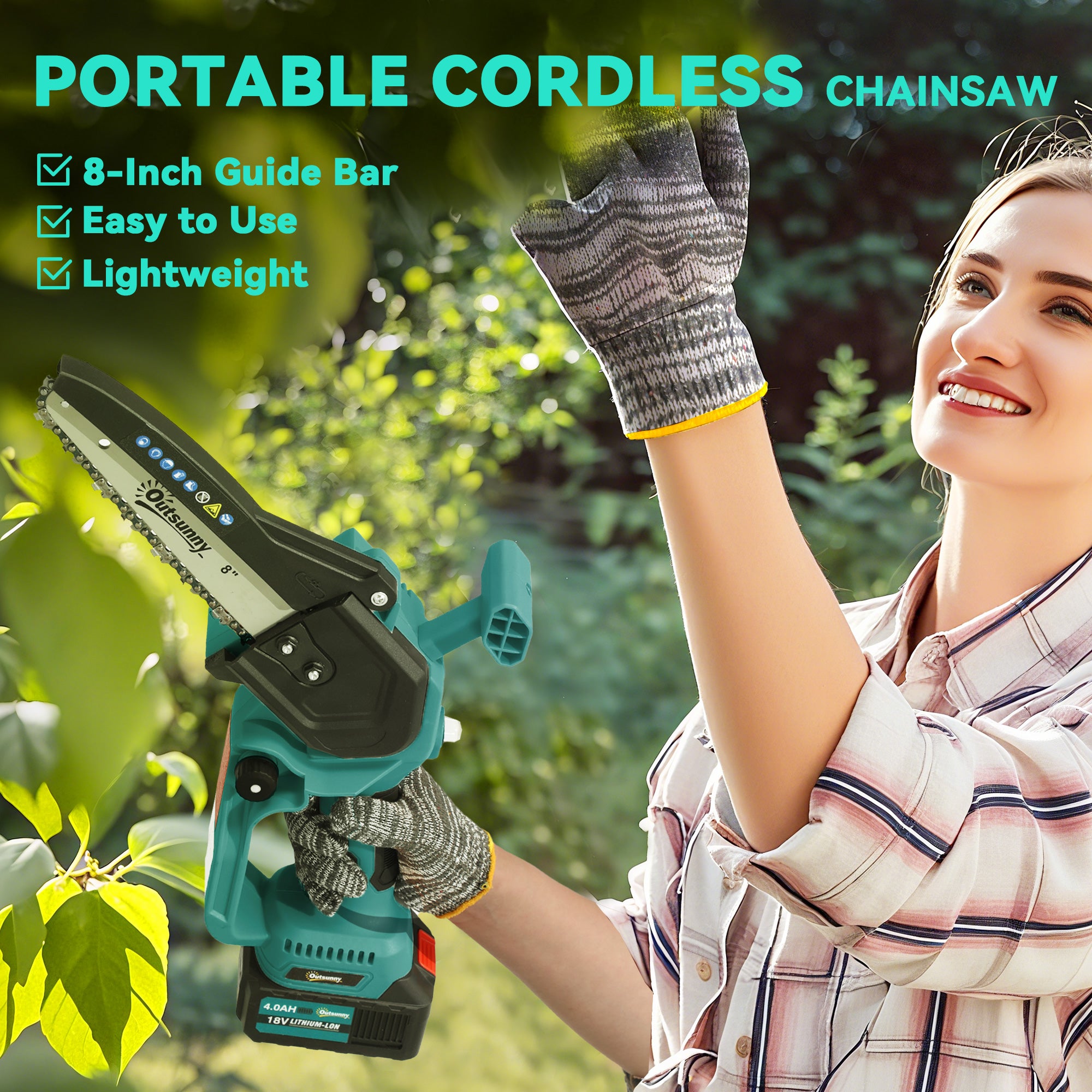Outsunny 8 Inch Electric Chainsaw, Cordless Chain Saw with Brushless Motor, 2 4.0Ah Batteries and Safety Lock, Handheld Portable Wood Pruning Saw for Trimming Cutting, Blue