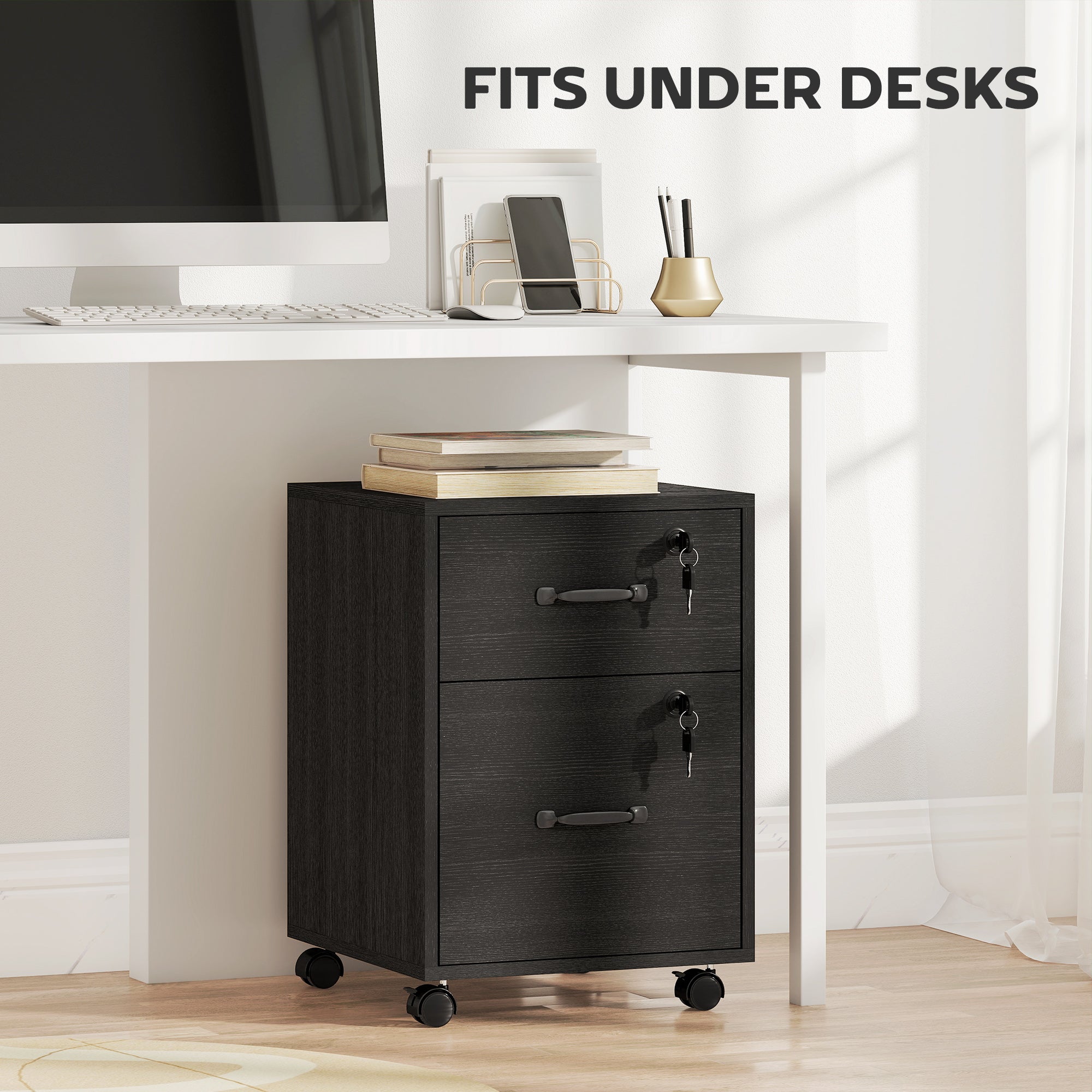 HOMCOM Rolling File Cabinet with 2 Drawers, Mobile Filing Cabinet with Hanging File Folder for Letter Sized Documents, Black 