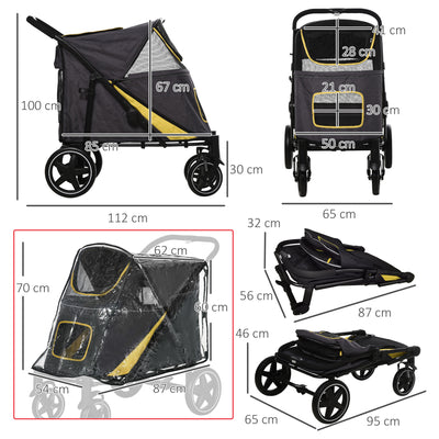 PawHut One-Click Foldable Pet Travel Stroller with Rain Cover, Cat Dog Pushchair with Universal Front Wheels, Shock Absorber, Storage Bags, Mesh Window, Safety Leash for Large and Medium Dogs (Grey) 