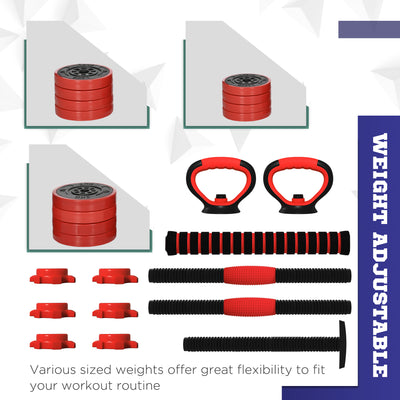 SPORTNOW 20kg Four-In-One Adjustable Weight Dumbbells Set, Barbell, Kettlebell, Push Up Stand - Red 