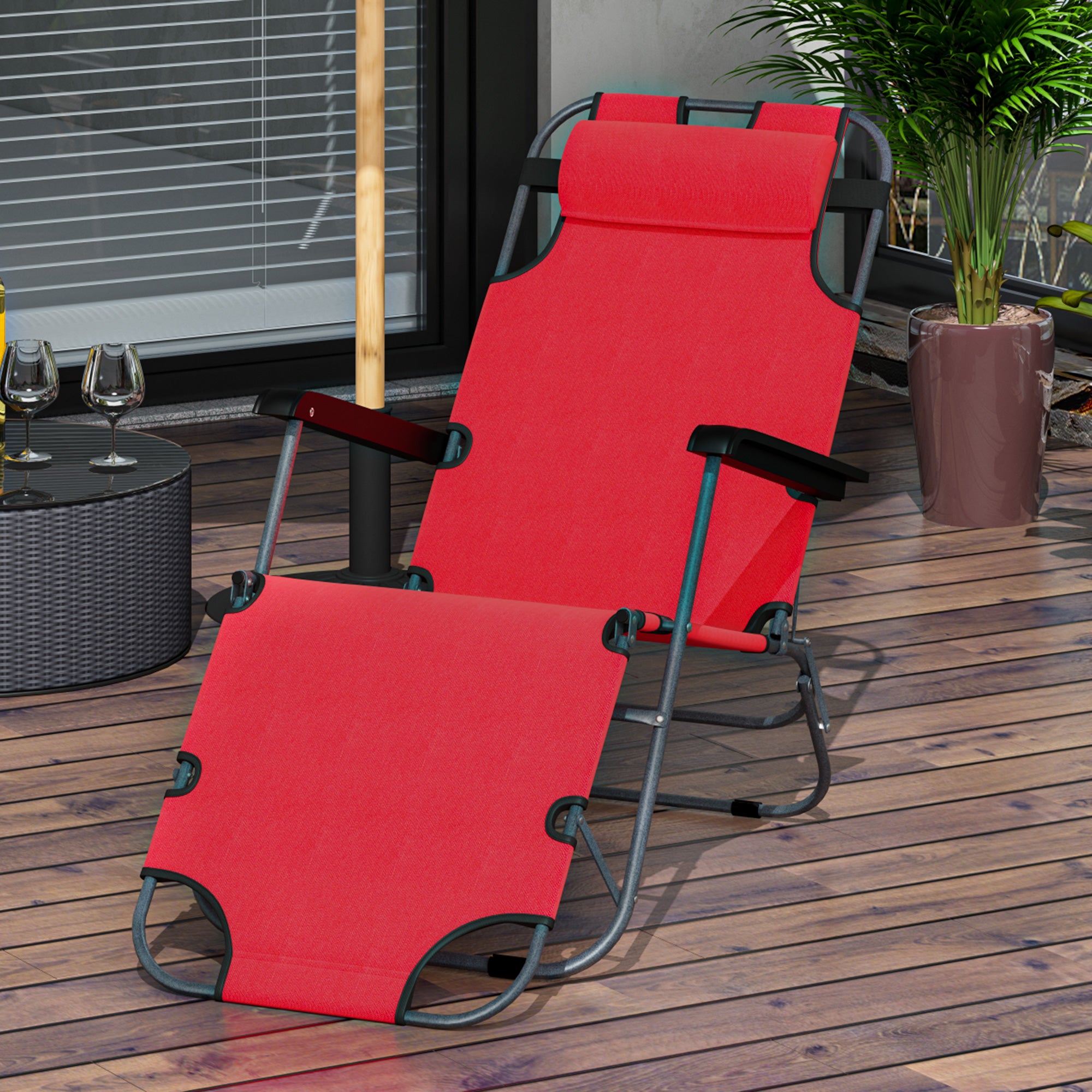 Outsunny 2 in 1 Sun Lounger Folding Reclining Chair Garden Outdoor Camping Adjustable Back with Pillow, Red 