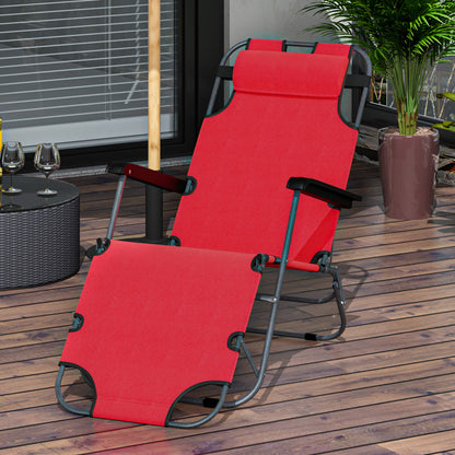 Outsunny 2 in 1 Sun Lounger Folding Reclining Chair Garden Outdoor Camping Adjustable Back with Pillow, Red 