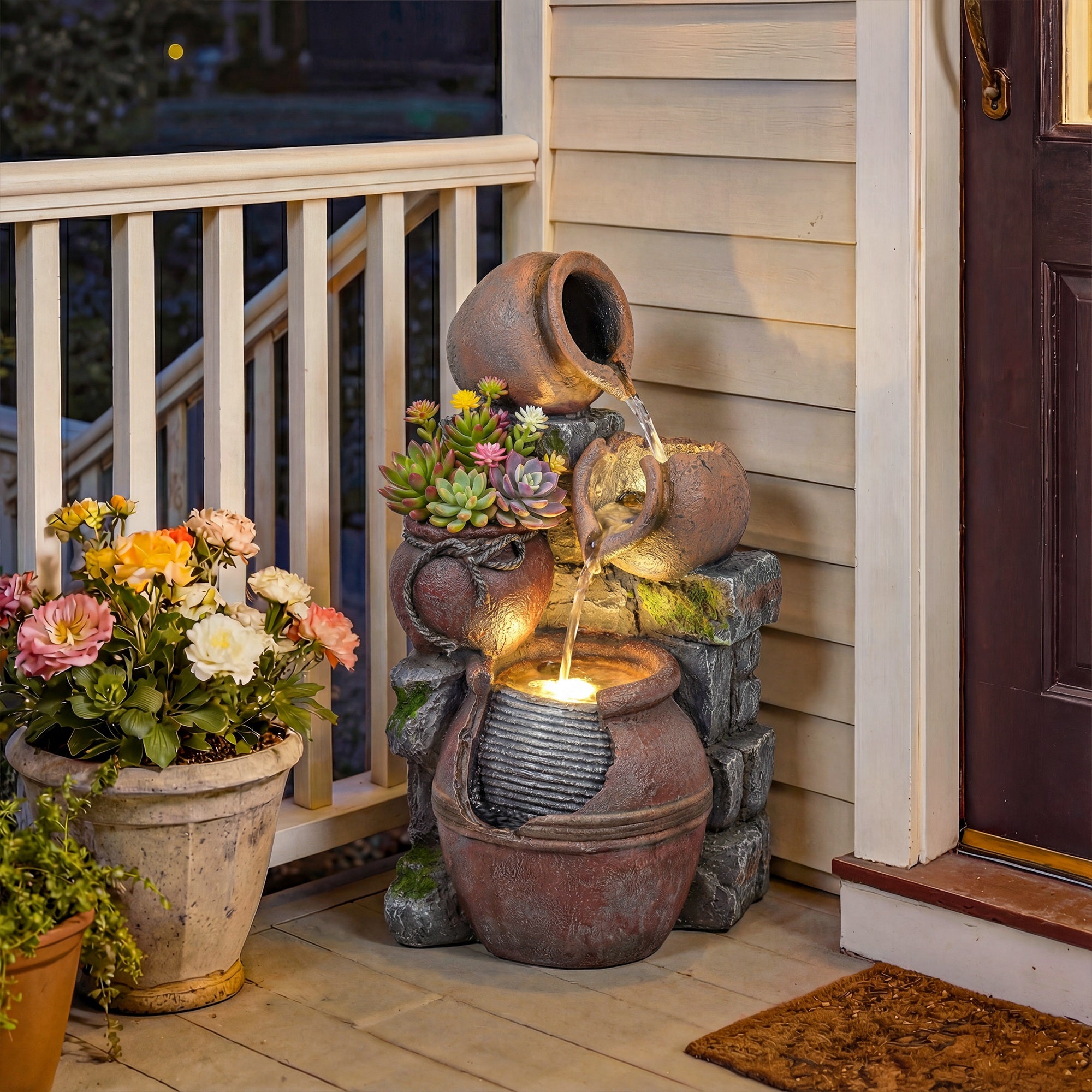 Outsunny Outdoor Fountain with 4-Tier Rustic Pots & Planter, Garden Fountain with LED Lights, Rustic Brown 