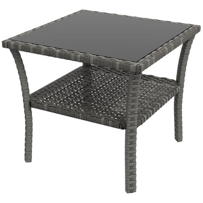 Outsunny 50cm Outdoor PE Rattan Coffee Table, Patio Wicker Two-tier Side Table with Glass Top, for Patio, Garden, Balcony, Grey 