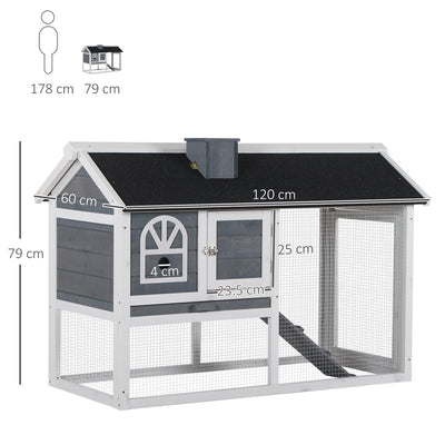 PawHut Wooden Rabbit Hutch and Run with Sliding Tray, Ramp, Water-resistant Roof, for 2-4 Rabbits, Grey 