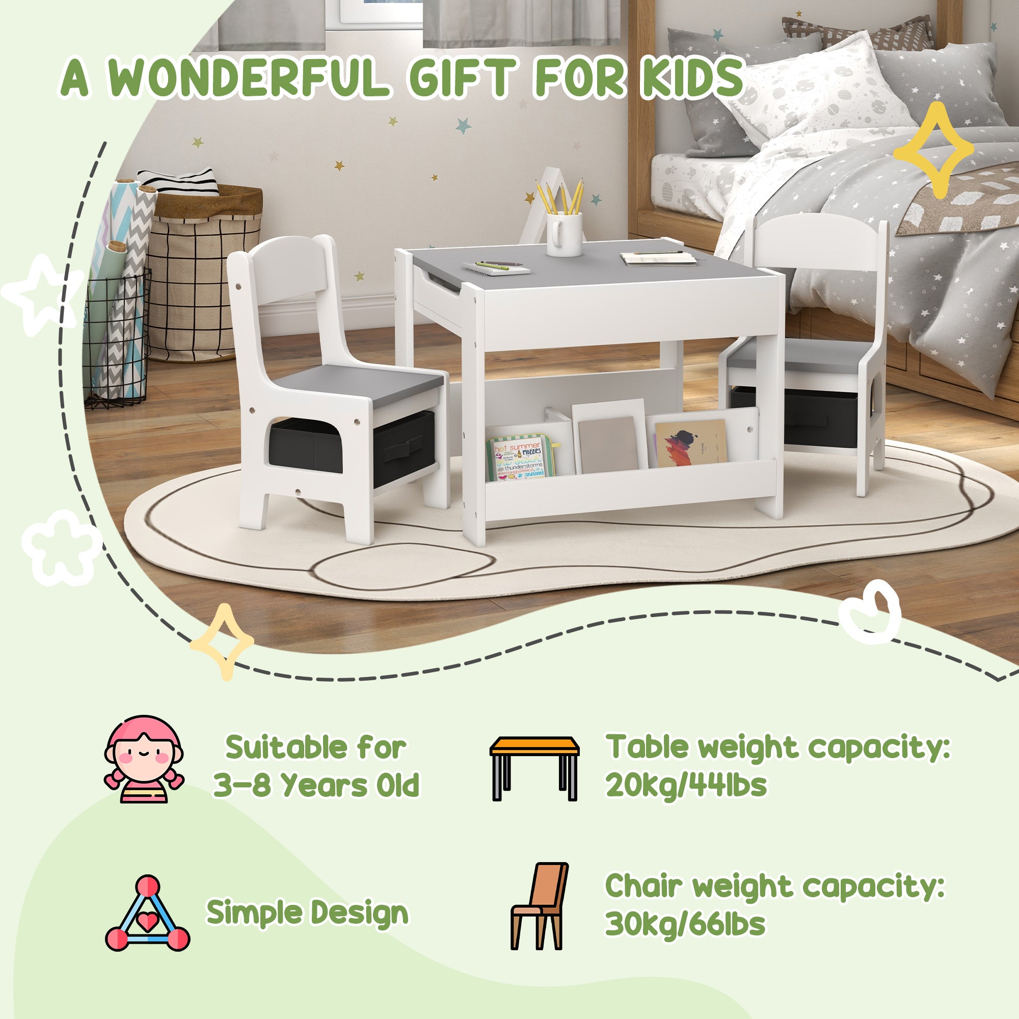 HOMCOM Three-Piece Kids Table and Chair Set with Blackboard, Storage, Bookshelves - Grey 
