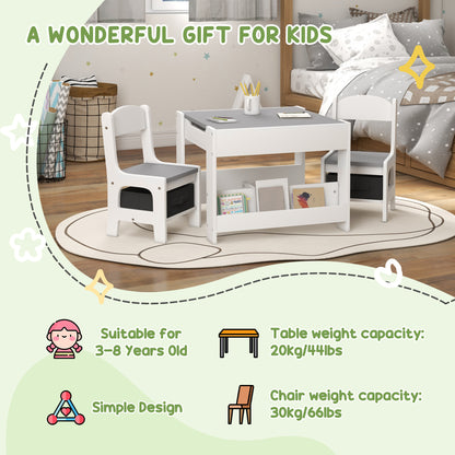 HOMCOM Three-Piece Kids Table and Chair Set with Blackboard, Storage, Bookshelves - Grey 