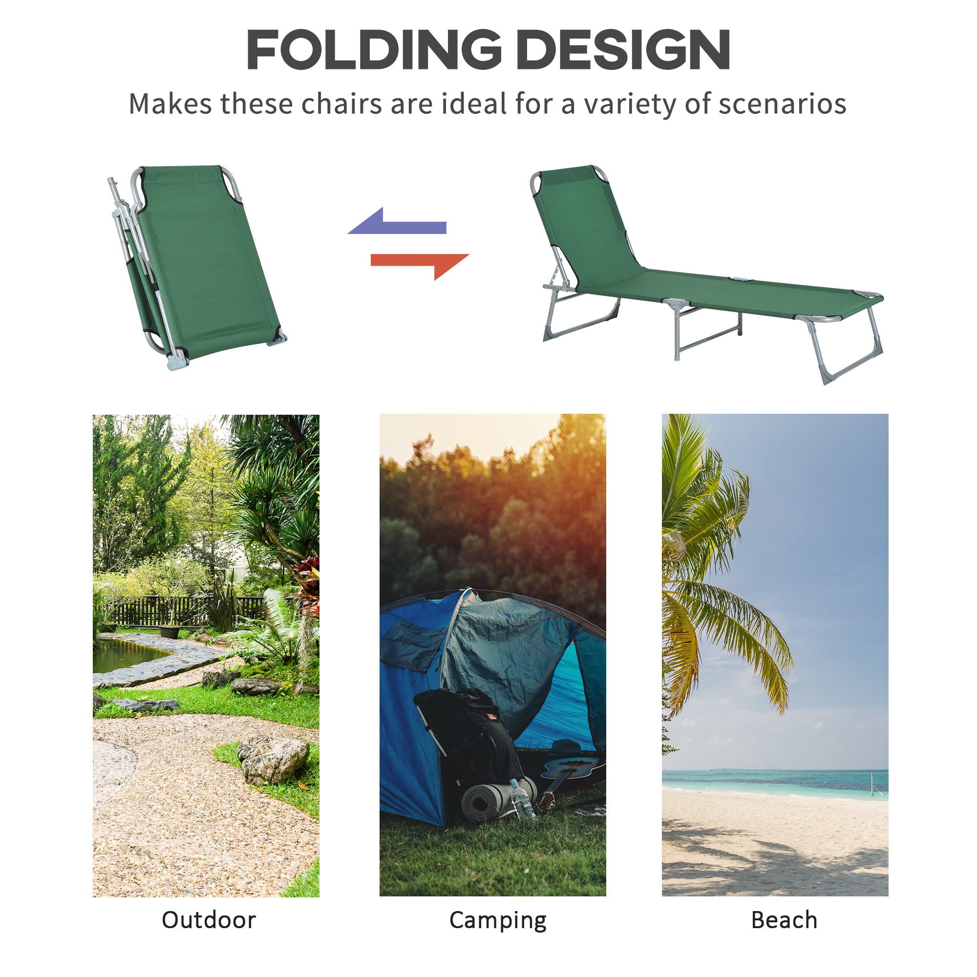 Outsunny Reclining Sun Lounger Chair Folding Camping Bed with 4-Position Adjustable Backrest, for Travel Indoor Outdoor Office Fishing, Green 