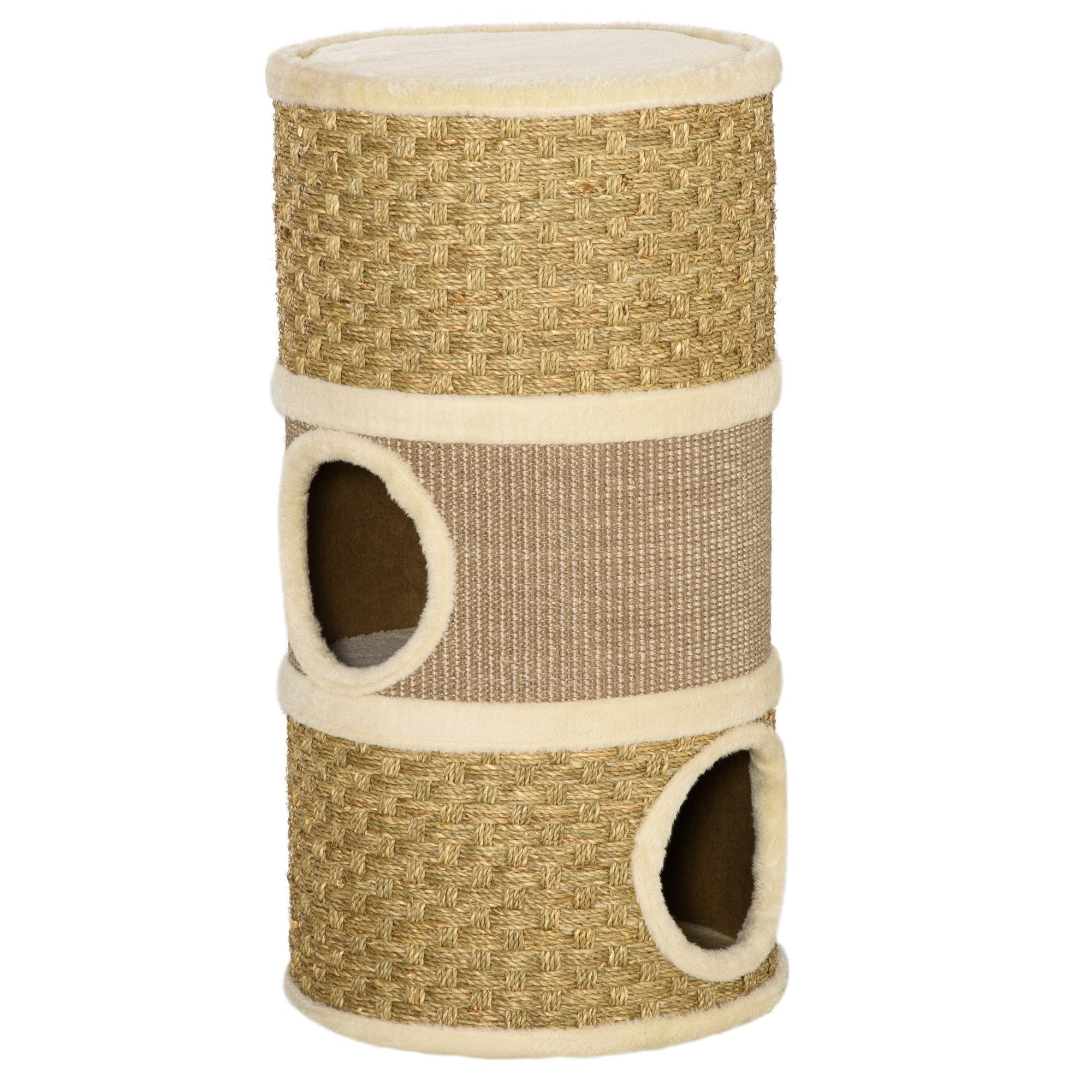 PawHut Cat Scratching Barrel Kitten Tree Tower for Indoor Cats Pet Furniture Climbing Frame Covered with Sisal and Seaweed Rope Cozy Platform Soft Plush 
