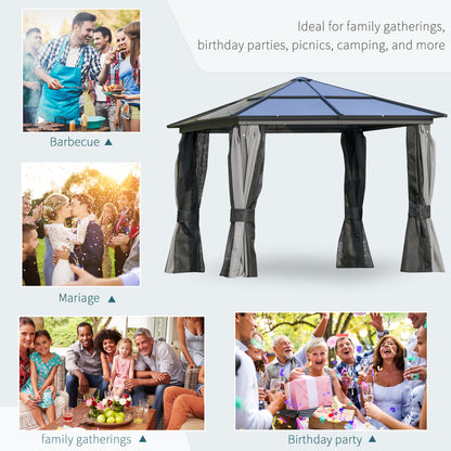 Outsunny 3 x 3(m) Hardtop Gazebo Canopy with Polycarbonate Roof, Aluminium Frame, Permanent Pavilion Garden Gazebo with Netting and Curtains for Patio, Deck, Dark Grey 